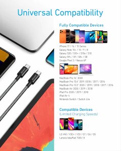 Anker USB C to USB C Cable, Type-C Charging Cord Fast Charge(10FT, 100W, Braided)